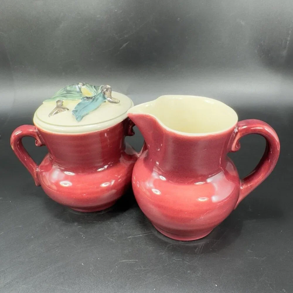 1940s Red Wing Normandy Pottery Burgundy‎ Sugar And Creamer Set 2 With Lid VTG